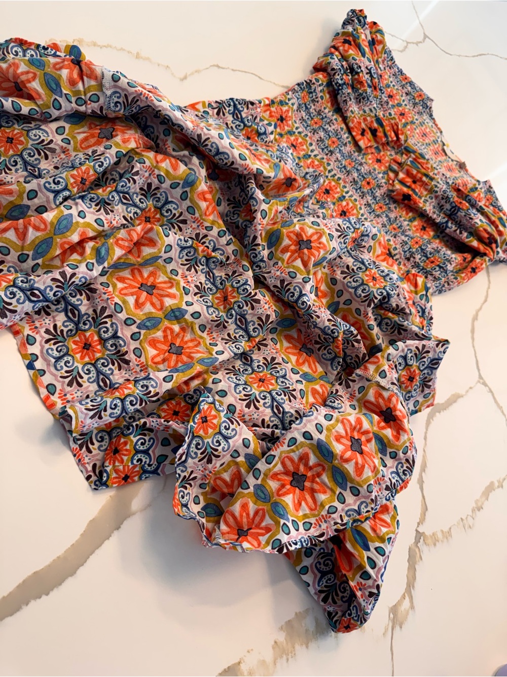 Boden Smocked Mosaic Floral Cotton Midi Dress Orange Blue Multicolor - Picture 4 of 7